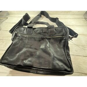 Black Leather Messenger Bag Laptop Briefcase Contrast Stitching Mens